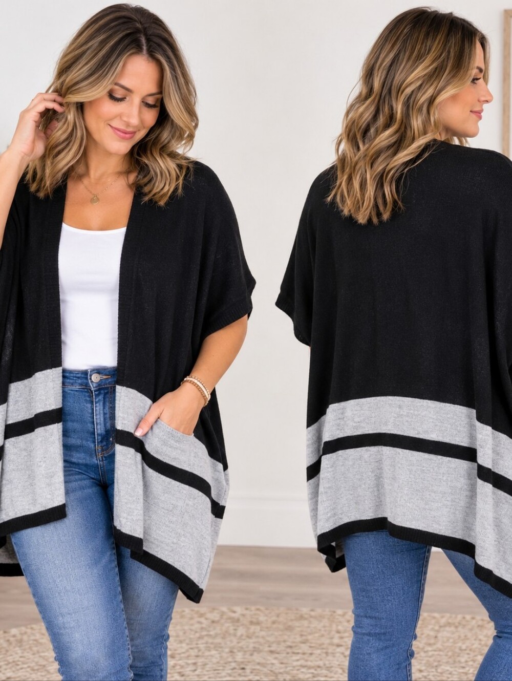 LOFT OS (M-XL) Black Gray Colorblock Open Front Poncho Cardigan Quiet Luxury
